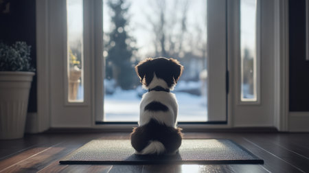 A small dog sits on a mat, gazing outside through a glass door, capturing a serene winter morning. The scene evokes feelings of peace and companionship.の素材