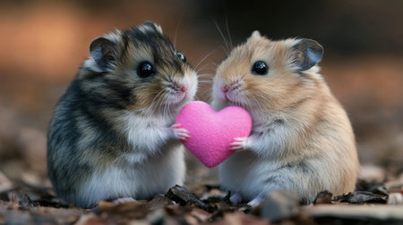 Two adorable hamsters hold a pink heart together, symbolizing love and affection. This charming scene captures the essence of friendship and joy in a natural setting.の素材