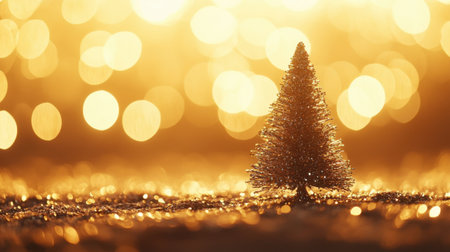 A glimmering silver Christmas tree stands against a soft golden backdrop, creating a warm and festive ambiance perfect for holiday celebrations.の素材