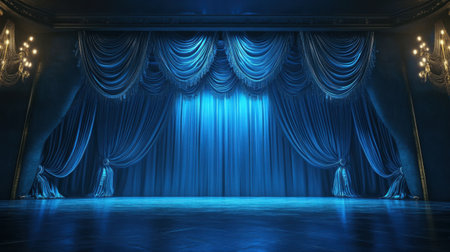 An elegant theatre stage featuring rich blue drapes and dramatic lighting, creating a captivating atmosphere ideal for performances and artistic showcases.の素材