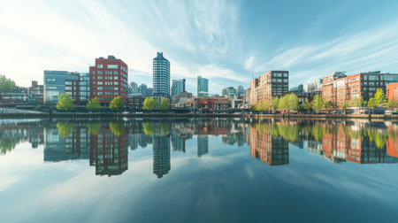 Discover a serene cityscape featuring modern buildings reflecting on calm water under a blue sky filled with fluffy clouds, capturing the tranquility of urban life.の素材