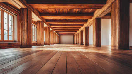 A spacious wooden room showcases elegant beams and natural light. The minimal design and tranquil atmosphere create a perfect setting for relaxation and creativity.の素材