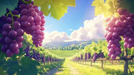 A vibrant vineyard scene showcasing ripe grapes against a stunning backdrop of rolling hills and a bright blue sky, embodying nature's bounty and beauty.の素材