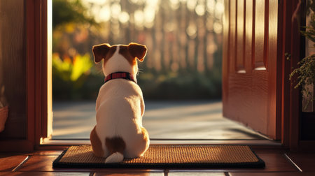 A serene image of a dog sitting at an open doorway, gazing outside in the warm light of sunset, evoking feelings of curiosity and peaceful solitude.の素材