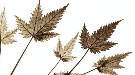 This image features delicate brown leaves arranged on a white background, showcasing intricate vein patterns and a serene aesthetic perfect for natural-themed projects.の素材