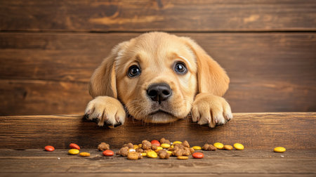 A charming puppy peers over a wooden table, with its paws resting on the surface. The playful expression and soft fur make this image heartwarming and inviting.の素材