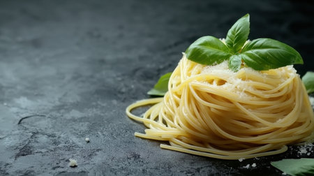 A delicious serving of fresh spaghetti topped with basil and Parmesan cheese, arranged elegantly on a dark textured background, ideal for culinary themes.の素材