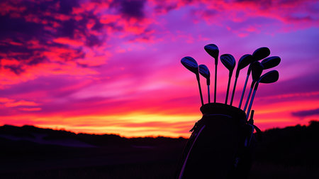 A striking silhouette of golf clubs emerges against a vibrant sunset sky. This captivating image captures the essence of outdoor leisure and the beauty of nature during twilight.の素材