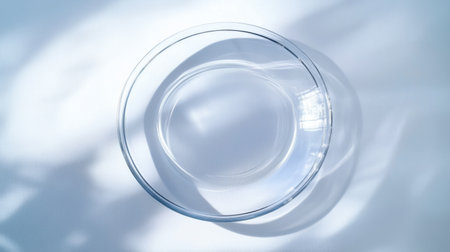 A clear glass bowl filled with water sits gently on a smooth surface, casting soft shadows and reflections, embodying simplicity and tranquility in design.の素材