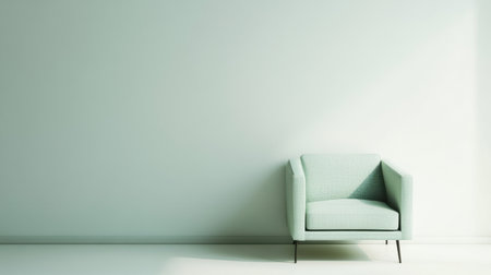 This image features a soft green armchair placed against a blank wall, embodying minimalist design. The serene ambiance invites relaxation and tranquility.の素材