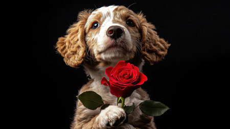 A charming puppy holds a vibrant red rose, creating a heartwarming image. The contrast with the black background enhances its innocence and playful spirit.の素材