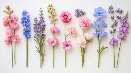 A vibrant arrangement of various flowers in pink, blue, and lavender hues. Perfect for spring inspiration, this beautiful composition highlights nature's elegance.の素材