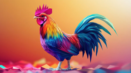 An abstract and colorful representation of a rooster featuring vibrant geometric shapes and eye-catching designs, ideal for modern art enthusiasts.の素材