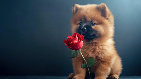 An adorable puppy delicately sniffs a beautiful red rose in a soft-lit studio setting, capturing the essence of innocence and playfulness in a heartwarming moment.の素材