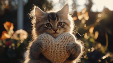 A charming kitten holds a knitted heart, radiating warmth and affection. Bathed in soft sunlight, this furry companion embodies joy and innocence in a garden setting.の素材