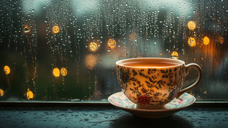 A serene scene featuring a beautifully patterned cup of tea on a saucer by a rain-drenched window, with soft glowing bokeh lights creating a cozy atmosphere.の素材