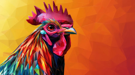 This vivid low poly rooster artwork features striking colors and geometric shapes, creating a bold and modern impression perfect for various design needs.の素材