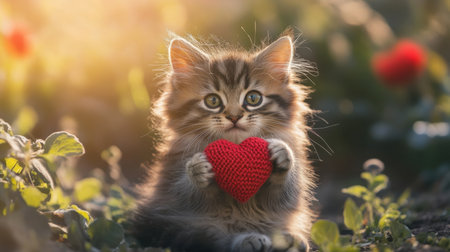 A charming kitten sits in a sunlit garden, holding a red heart plush toy. This adorable scene emphasizes love, happiness, and the playful nature of pets.の素材