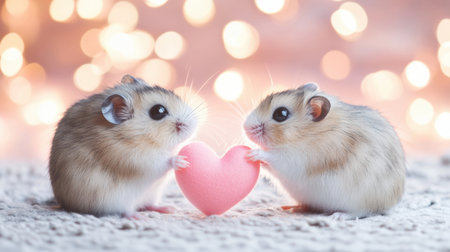Two adorable hamsters gently hold a pink heart between them, set against a soft, blurred background with warm bokeh lights. This image captures love and companionship.の素材