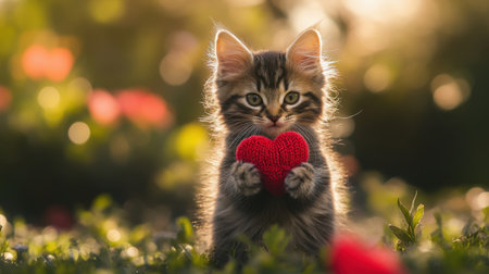 A cute kitten holding a red heart showcases love and affection in a stunning outdoor scene, surrounded by lush greenery and soft sunlight, bringing joy and warmth.の素材