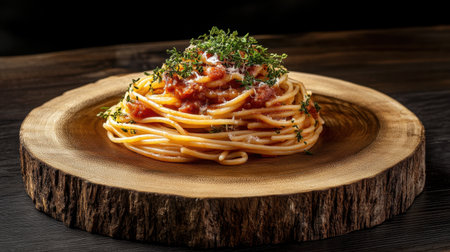This captivating image features a serving of spaghetti topped with rich tomato sauce and fresh herbs on a rustic wooden plate, perfect for food enthusiasts.の素材