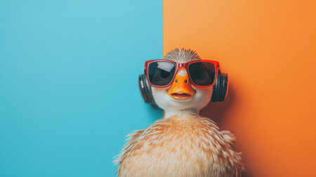 A stylish duck wearing bright sunglasses and headphones, set against a vibrant orange and blue background. Perfect for representing youthfulness, fun, and relaxation in your projects.の素材