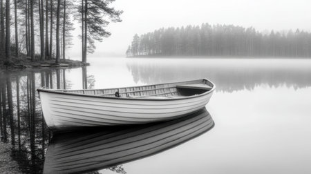 A serene white boat rests on a misty lake, surrounded by tall trees. The tranquil water reflects the fog and creates a peaceful atmosphere perfect for nature lovers.の素材