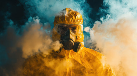 A focused individual in a yellow protective suit stands amidst colorful smoke, symbolizing the importance of safety and protection in hazardous environments.の素材