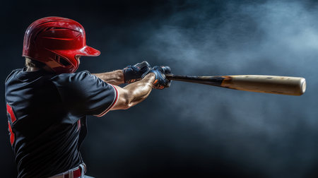 A dynamic baseball player captures the essence of athleticism as he swings the bat powerfully amidst a smoky backdrop, reflecting focus and intensity.の素材