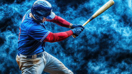 A baseball player executes a powerful swing, showcasing skill and determination. The dynamic motion captures the intensity and passion of the game in bright blue tones.の素材