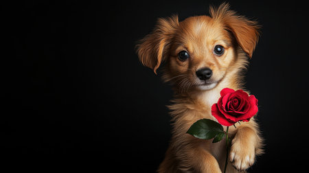 An adorable puppy holds a red rose against a dark background, capturing the essence of love and affection perfect for Valentine's Day themes.の素材
