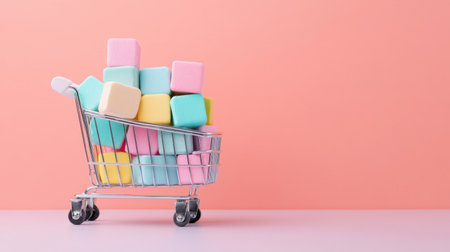 A shopping cart filled with colorful baby blocks sits against a pastel pink background. This cheerful scene embodies creativity and playfulness, perfect for childhood-related themes.の素材