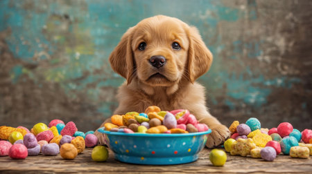 An adorable golden retriever puppy gazes at a bowl of colorful treats, surrounded by vibrant snacks on a rustic table, evoking joy and cuteness.の素材