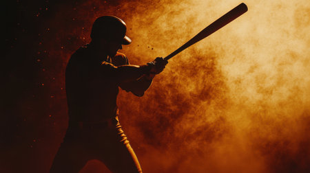 A dynamic silhouette of a baseball player gripping a bat, set against a dramatic backdrop of warm tones and dust, capturing the essence of the sport intensity.の素材