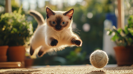 A playful cat leaps gracefully towards a ball of yarn in a sunlit indoor setting, capturing a moment of joy and agility amidst lively surroundings.の素材