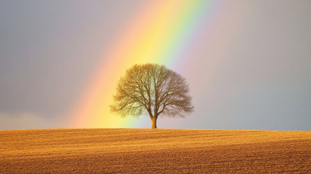 A beautiful scene featuring a solitary tree against a stunning rainbow arching over a golden field. The tranquil landscape captures the essence of nature beauty.の素材