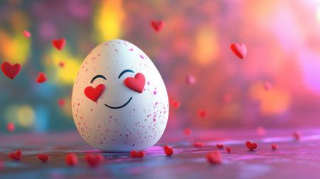 A delightful egg character with a joyful expression, surrounded by vibrant hearts and soft bokeh lights, perfect for representing love, happiness, and celebration.の素材