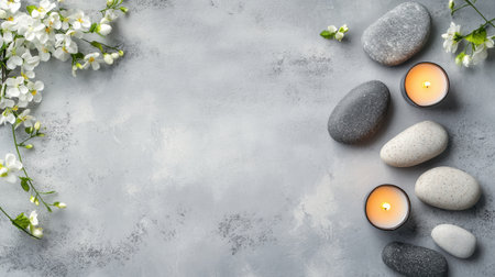 A peaceful scene featuring smooth stones, glowing candles, and delicate flowers on a gray background, perfect for promoting relaxation and tranquility.の素材