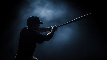 A dynamic silhouette of a baseball player poised to swing his bat, surrounded by a dark and misty atmosphere, capturing the intensity and focus of the game.の素材