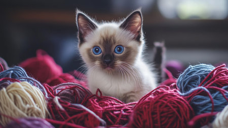 A charming kitten with striking blue eyes explores a cozy scene filled with colorful yarn balls, showcasing its playful and curious nature in a delightful indoor setting.の素材