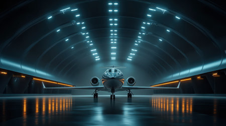 A sleek modern jet is showcased in a futuristic hangar, illuminated by dynamic LED lights and reflections on the polished floor, highlighting the luxurious air travel experience.の素材