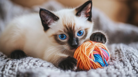 A charming Siamese kitten plays with a vibrant yarn ball, showcasing its striking blue eyes and fluffy fur. Perfect for pet and animal lovers.の素材