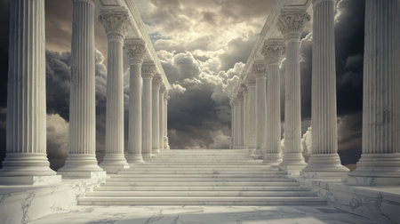 A stunning view of marble steps leading to an ancient temple, adorned with towering columns beneath a dramatic sky filled with clouds.の素材