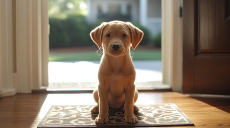 A charming yellow puppy sits patiently on a decorative doormat, framed by warm sunlight filtering through the doorway, creating an inviting atmosphere.の素材