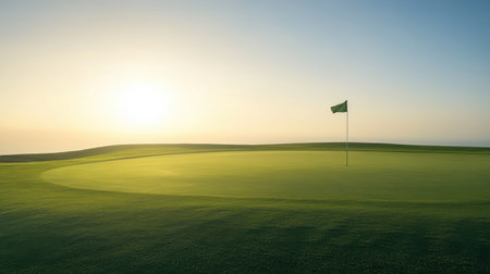 A tranquil golf course scene at sunset featuring a flag on the green. The soft sunlight casts a warm glow over the landscape, creating an inviting atmosphere.の素材