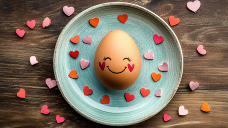 A whimsical scene featuring a smiling egg on a pastel plate, surrounded by vibrant heart shapes, creating a playful and cheerful atmosphere perfect for celebrations.の素材