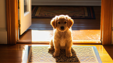 A cute golden retriever puppy sits on a patterned rug in sunlight streaming through an open doorway, creating a warm and inviting atmosphere in the home.の素材