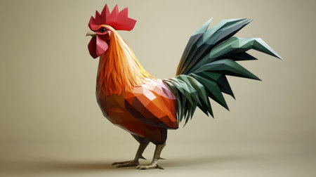 A colorful low-poly rooster showcases geometric design and vibrant hues, perfect for modern decor or creative projects. Its unique style captures attention.の素材
