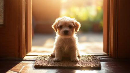 A charming puppy sits on a mat by an open door, bathed in warm sunlight. This image captures the innocence and joy of young pets in a cozy home setting.の素材