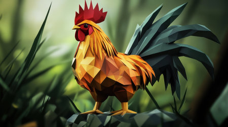 A vibrant low-poly chicken stands proudly amidst lush greenery, showcasing unique geometric shapes and colors. Perfect for nature and art enthusiasts.の素材